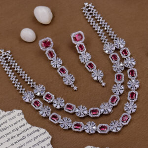 YADEEP® Dual Layer American Diamond Ruby Red Bridal Necklace Set – Silver-Plated, Earrings Included (Copy) (Copy) (Copy) (Copy) (Copy) (Copy)