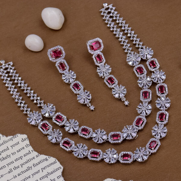 YADEEP® Dual Layer American Diamond Ruby Red Bridal Necklace Set – Silver-Plated, Earrings Included (Copy) (Copy) (Copy) (Copy) (Copy) (Copy)