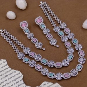 YADEEP® Dual Layer American Diamond Multicolor Bridal Necklace Set – Silver-Plated, Earrings Included (Copy) (Copy) (Copy) (Copy)