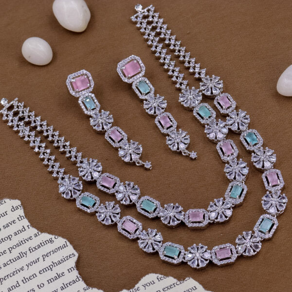 YADEEP® Dual Layer American Diamond Multicolor Bridal Necklace Set – Silver-Plated, Earrings Included (Copy) (Copy) (Copy) (Copy)