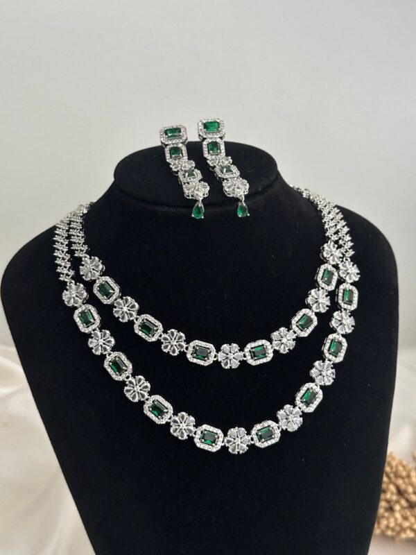 YADEEP® Dual Layer American Diamond Green Bridal Necklace Set – Silver-Plated, Earrings Included (Copy) (Copy) - Image 3