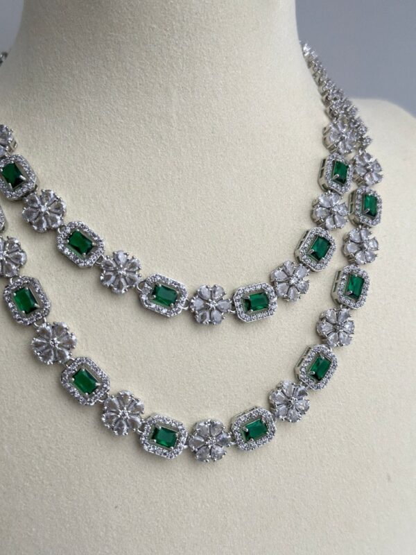 YADEEP® Dual Layer American Diamond Green Bridal Necklace Set – Silver-Plated, Earrings Included (Copy) (Copy) - Image 4