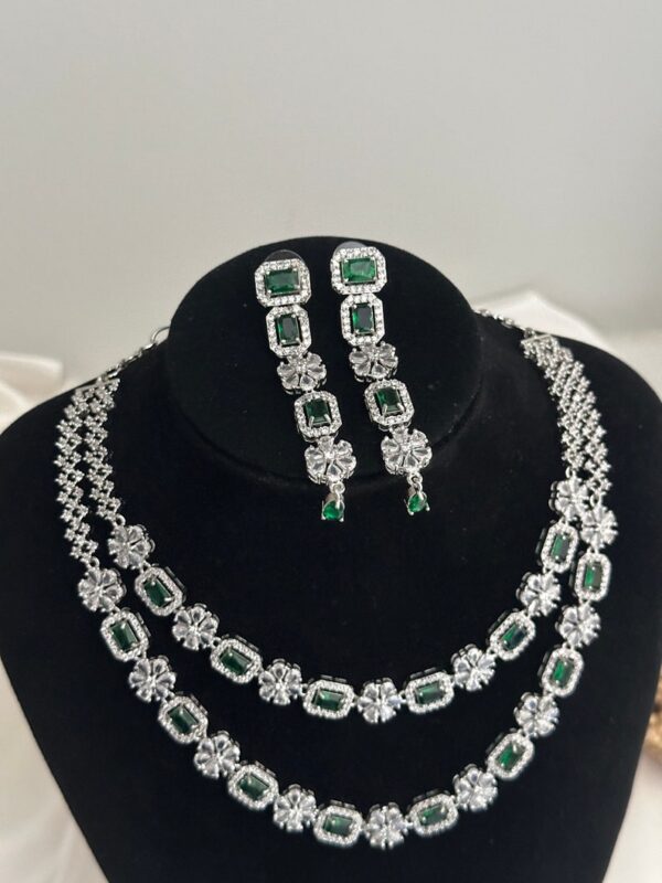 YADEEP® Dual Layer American Diamond Green Bridal Necklace Set – Silver-Plated, Earrings Included (Copy) (Copy) - Image 5