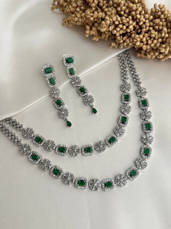 YADEEP® Dual Layer American Diamond Green Bridal Necklace Set – Silver-Plated, Earrings Included (Copy) (Copy) - Image 6