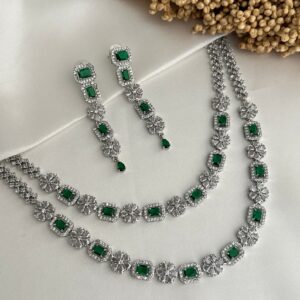 YADEEP® Dual Layer American Diamond Green Bridal Necklace Set – Silver-Plated, Earrings Included (Copy) (Copy)