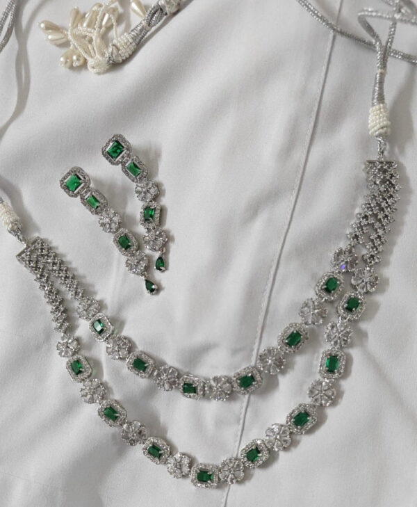 YADEEP® Dual Layer American Diamond Green Bridal Necklace Set – Silver-Plated, Earrings Included (Copy) (Copy) - Image 7