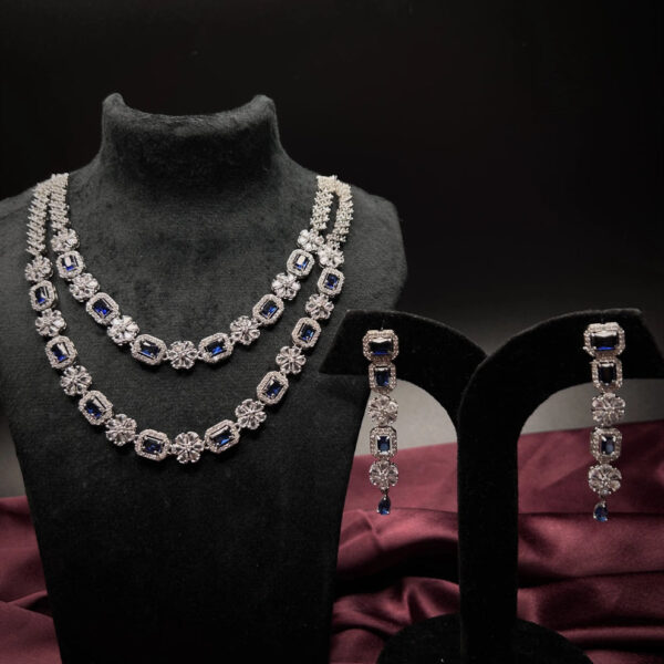 YADEEP® Dual Layer American Diamond Blue Bridal Necklace Set – Silver-Plated, Earrings Included (Copy) - Image 3