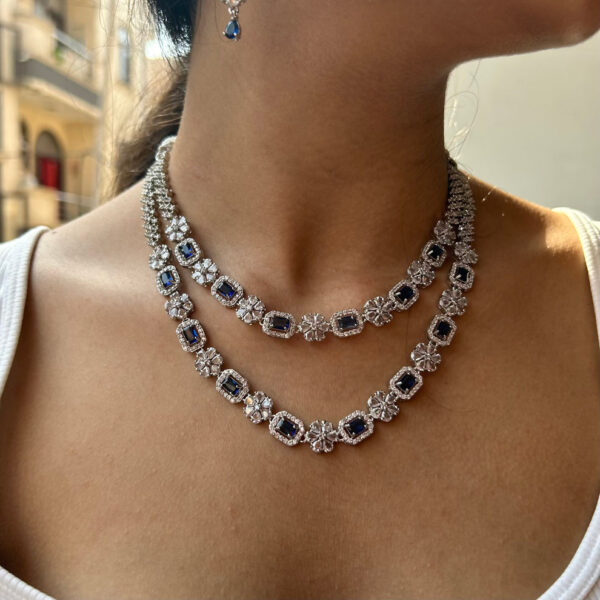 YADEEP® Dual Layer American Diamond Blue Bridal Necklace Set – Silver-Plated, Earrings Included (Copy) - Image 4