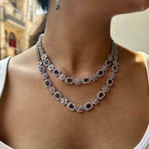 YADEEP® Dual Layer American Diamond Blue Bridal Necklace Set – Silver-Plated, Earrings Included (Copy)
