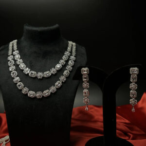 YADEEP® Dual Layer American Diamond Bridal Necklace Set – Silver-Plated, Earrings Included