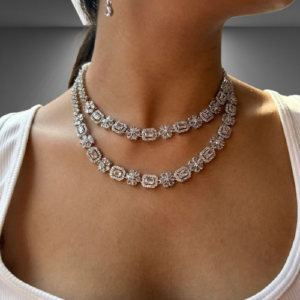 YADEEP® Dual Layer American Diamond Bridal Necklace Set – Silver-Plated, Earrings Included