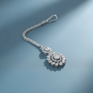 American Diamond CZ AD Necklace Set with Maang Tikka & Earrings for Women | Bridal & Party Wear Jewellery Set | Silver Plated Necklace for Wedding & Festive Look